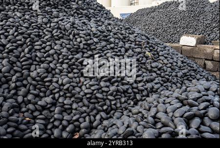 Pile de briquettes de charbon de forme régulière dans la cour du marchand de charbon, North Yorkshire Banque D'Images