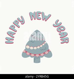 Bonne année, carte de fête de Noël. Ligne de trait de pinceau de tache d'encre dessinée à la main, lettrage de texte de style graphique de dessin animé de doodle. Couleur monochrome nordique Illustration de Vecteur