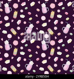 Illustration d'aquarelle dessinée à la main. Motif sans couture avec de délicieux desserts sucrés comme des biscuits, macarons, mochi, latte Banque D'Images
