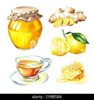 Miel doux ensemble, nid d'abeilles crus frais avec pot en verre, gingembre, citron et tasse de thé épicé. Aquarelle illustration dessinée à la main isolé sur backgr blanc Banque D'Images