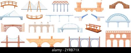 Architecture de ponts de dessin animé. Suspension de construction de structure en fer en béton de pont de rivière moderne, support de transport de voiture connexion de transport ferroviaire illustration vectorielle soignée illustration originale Illustration de Vecteur