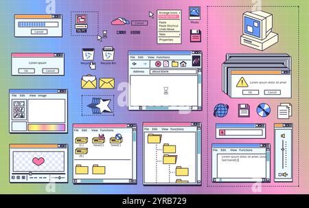 Fenêtres de bureau vintage. Vieille interface rétro de l'ordinateur, navigateur de recherche fichier cadre onglet élément gui page utilisateur cyber système 80s 90s 2000s modèle esthétique, illustration vectorielle classique illustration originale Illustration de Vecteur