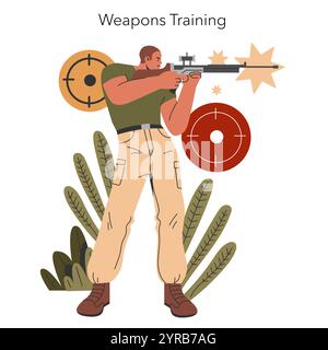 Concept d'entraînement militaire. Soldat dans un fusil de visée uniforme sur la cible, pratiquant le tir de précision. Préparation et concentration dans la formation de défense. Illustration vectorielle. Illustration de Vecteur