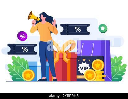 Modèle de vecteur d'illustration plat de concept de campagne de code promo, achats en ligne ou hors ligne, promotion, Bonus, personnage de femme annonçant une grande promotion Illustration de Vecteur