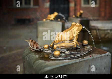 Une scène charmante à Torun avec une fontaine de grenouille en bronze avec de l'eau jaillissant de son embouchure, aux côtés d'un petit oiseau buvant du bassin. Banque D'Images