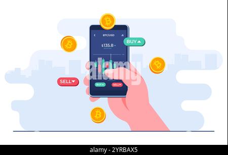 Téléphone portable de poche avec application financière sur l'écran pour acheter ou vendre des actions de marché boursier, profit des services de change de devises, Bitcoin, Investm Illustration de Vecteur
