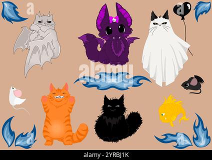 Une collection d'illustrations de chats sur le thème d'Halloween, mettant en vedette des chats habillés en fantôme, chauve-souris et vampire Illustration de Vecteur