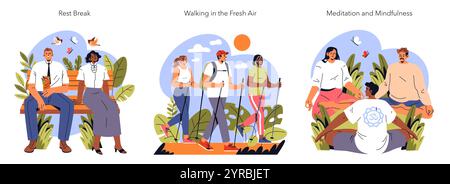 Ensemble pause bien-être. Professionnels se relaxant sur le banc, randonnée pour la santé et pratique la méditation en plein air. Promouvoir la santé mentale et l'équilibre entre vie professionnelle et vie privée. Illustration vectorielle. Illustration de Vecteur