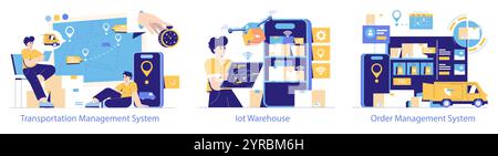 Kit d'automatisation logistique. Rationalisation des processus de transport, d'entreposage et de gestion des commandes. Intégration technologique innovante. Illustration vectorielle. Illustration de Vecteur