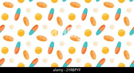 Modèle sans couture avec des pilules et des capsules sur fond blanc. Médicaments ou compléments alimentaires. Conception pour cliniques, hôpitaux, pharmacies, etc Illustration de Vecteur