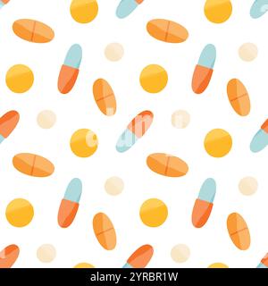 Modèle sans couture avec des pilules et des capsules sur fond blanc. Médicaments ou compléments alimentaires. Illustration de Vecteur