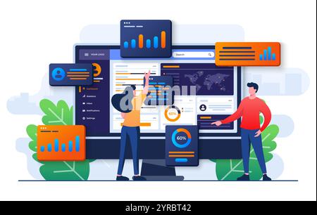 Illustration plate d'analyse commerciale, fond infographique de l'optimisation SEO, gens d'affaires recherchant des tableaux de bord d'analyse seo, rapports financiers, Illustration de Vecteur