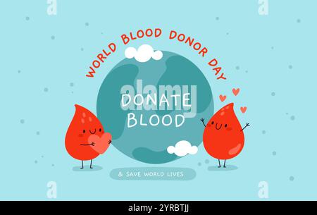 Journée mondiale du don de sang. De jolies gouttes rouges tiennent des coeurs sur fond de globe. Soins médicaux. Gouttes sanglantes. Traitement hospitalier. Symboles drôles de transfusion. Gari Illustration de Vecteur