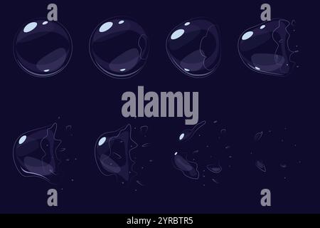 Effet éclat de bulle de savon. Balles d'air de dessin animé. Animations d'explosion par changement d'image et déformation de l'objet orbe. Mousse détergente. Mousse de shampooing. Cosmétique Illustration de Vecteur