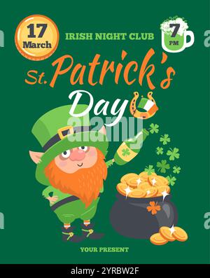 Affiche Patrick Day. Vacances traditionnelles irlandaises. Leprechaun avec pot de pièces d'or. Nain en costume vert. Événement festif du printemps. Invitation à la fête en abeille Illustration de Vecteur