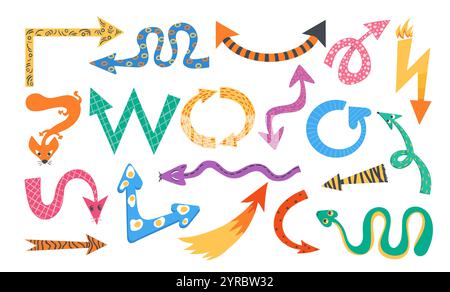 Flèches ludiques. Pointeurs amusants à motifs. Colorier différentes formes. Curseur décoratif original. Direction tordue. Symbole de navigation. Pictogramme pointant. Illustration de Vecteur