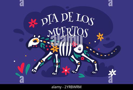 Animaux de squelette de fleur. Carte dia de los muertos. Silhouette de lionne morte avec des fleurs. OS de léopard. Crâne de mammifère floral. Tradit de vacances mexicain Illustration de Vecteur