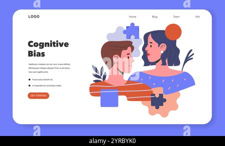Cognitive Bias concept bannière web avec homme et femme ajustant des pièces de puzzle dans une bulle de pensée. Illustration du contenu de psychologie du site Web. Illustration vectorielle. Illustration de Vecteur
