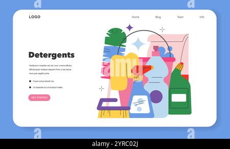 Concept de nettoyage de maison. Ensemble de produits et d'outils de nettoyage représentés sur une interface de site Web. Hygiène domestique, routine de nettoyage efficace. Illustration vectorielle. Illustration de Vecteur
