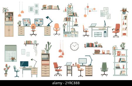 Collection de meubles pour le design d'intérieur de bureau avec chaise et table de gestionnaire avec ordinateur portable, lampe, bibliothèque. Intérieur de bureau à domicile design plat Illustration de Vecteur