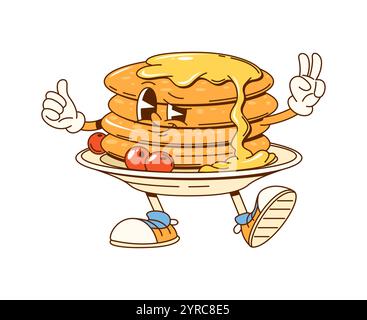 Pile groovy de crêpes de dessin animé avec le sirop et les baies caractère fast food. Personnage de pâtisserie rétro vectoriel isolé clignotant joyeusement signe de paix et clin d'œil, ajoutant une ambiance ludique et douce au petit déjeuner Illustration de Vecteur