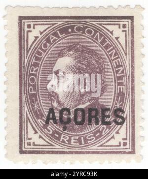 AÇORES - 1880 : 25 timbre-poste reis rouge-lilas représentant un portrait du roi Luiz (Dom Luís I) de profil. Timbres du Portugal surimprimés en noir 'ACORES'. Région autonome des Açores, est l'une des deux régions autonomes du Portugal (avec Madère). C'est un archipel composé de neuf îles volcaniques dans la région de Macaronésie de l'océan Atlantique Nord, à environ 1 400 km (870 mi) à l'ouest de Lisbonne, à environ 1 500 km (930 mi) au nord-ouest du Maroc, et à environ 1 930 km (1 200 mi) au sud-est de Terre-Neuve, Canada. Capitale à Ponta Delgada Banque D'Images