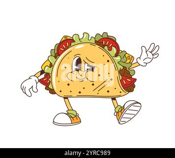 Personnage de tacos rétro groovy de dessin animé ou emoji de restauration rapide, vecteur comique. Taco groovy avec sourire heureux et visage drôle ondulant Hello ou Hi geste pour la cuisine mexicaine et le personnage de dessin animé funky fast food Illustration de Vecteur