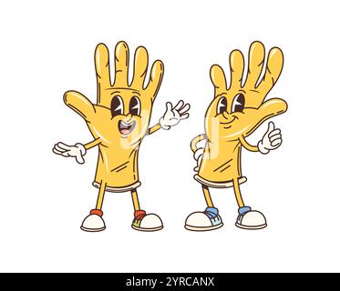 Les personnages de gants en caoutchouc groovy de dessin animé se livrent à des activités ludiques de nettoyage ménager et de lavage des corvées. Paire vectorielle isolée de gants jaunes rétro personnages prêts à protéger les mains lors du nettoyage Illustration de Vecteur