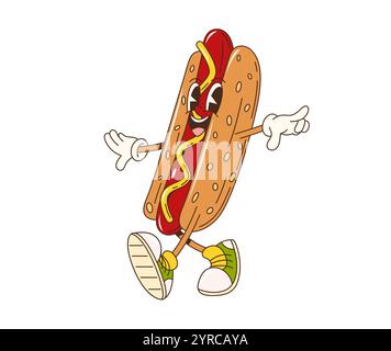 Personnage de hot dog de restauration rapide rétro de dessin animé. Personnage isolé de hotdog savoureux fastfood de vecteur portant des baskets vintage cool avec une ambiance funky et hippie, avec un sourire charmant et un filet de moutarde Illustration de Vecteur