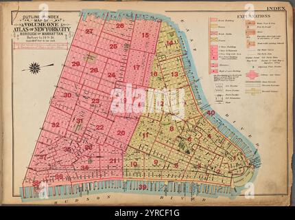 Plan et index carte du volume un, Atlas de New York City, Borough of Manhattan. Batterie à 14ème équipée 1921 - 1923 Banque D'Images