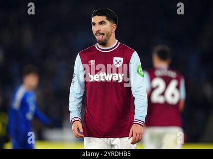 Carlos Soler de West Ham United lors du match de premier League au King Power Stadium de Leicester. Date de la photo : mardi 3 décembre 2024. Banque D'Images