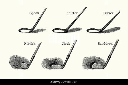 Une ancienne gravure des types de clubs de golf utilisés dans les années 1800 Il est tiré du livre victorien des années 1890 sur les sports, les jeux et les passe-temps. Les clubs sont une cuillère, un putter, un conducteur, un niblick, un cleek et un fer à sable. Certains noms de clubs se trouvent dans un ensemble moderne de clubs mais d'autres ne le sont pas. Un niblick est un fer à plus grande hauteur, comme un fer 9 moderne. Un Cleek est un fer à repasser, ressemblant le plus à un fer à repasser moderne 1 et 2 fer à repasser. Il pourrait également être utilisé pour mettre. Une cuillère est similaire à une 5-bois moderne. Lorsque les cuillères sont apparues pour la première fois au XVIIIe siècle, certaines avaient des visages concaves, en forme de cuillère. Banque D'Images