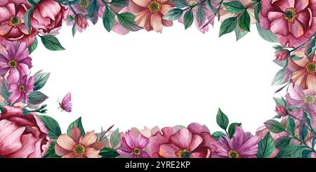 Cadre rectangulaire avec fleurs, papillons et feuilles. Illustration d'aquarelle isolée sur fond blanc. Pour les bannières de printemps et le modèle pour le mariage Banque D'Images
