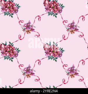 Fleurs rose pivoine modèle sans couture avec feuilles et ruban. Illustration isolée d'aquarelle sur fond rose. Pour papier d'emballage, boîte cadeau chez les femmes Banque D'Images
