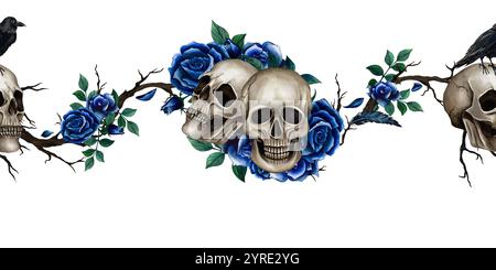 Bannière gothique sans couture avec crânes, corbeau, roses bleues et branches. Illustration aquarelle pour Halloween ou jour des vacances mortes sur fond blanc Banque D'Images