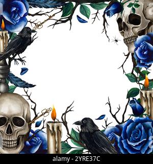 Cadre gothique carré avec crânes, corbeau, bougie, roses et branches. Illustration aquarelle pour Halloween ou Day of the Dead sur fond isolé. Partez Banque D'Images