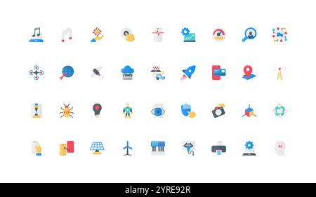 Appareils électroniques, communication et équipement avec télécommande pour l'ensemble d'icônes de couleur de maison intelligente. Automatisation et processeur ai, drone et robot, illustration vectorielle d'éléments plats de machine à ultrasons Illustration de Vecteur