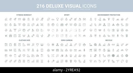 Entraînement sportif, exercices sains actifs et course, pièces de vélo et outils ligne d'icônes. Carbone neutre et net zéro technologie de la protection de l'environnement mince noir contour symboles illustration vectorielle Illustration de Vecteur