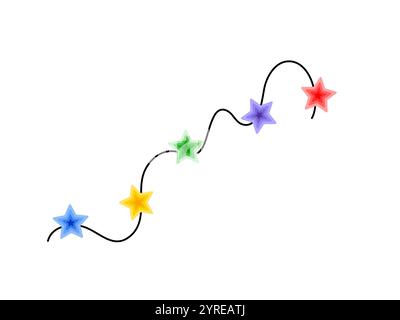 Guirlande de cordes bouclées de lumières multicolores colorées de Noël, illustration vectorielle dessinée à la main de doodle, image saisonnière de dessin animé plat pour les vacances d'hiver du nouvel an, conception d'événements d'anniversaire Illustration de Vecteur
