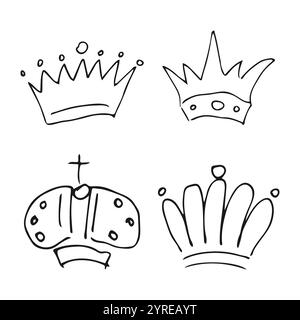 Couronnes dessinées à la main. Ensemble de quatre couronnes de reine ou de roi de graffiti simples. Couronnement impérial royal et symboles monarques. Pinceau noir doodle isolé Illustration de Vecteur