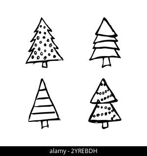 Arbres de Noël dessinés à la main. Ensemble de quatre illustrations croisées monochromes de FIRS. Éléments de gribouillage pour les vacances d'hiver. Illustration vectorielle Illustration de Vecteur