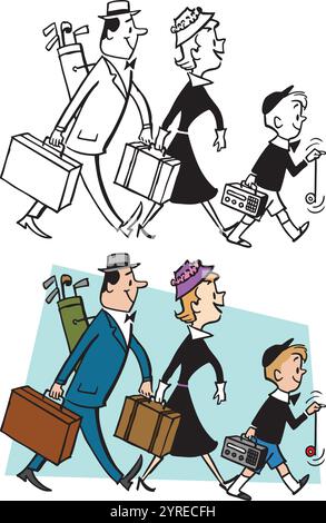 Un dessin animé rétro vintage d'une famille marchant avec des valises sur leur chemin pour des vacances. Illustration de Vecteur