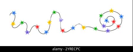 Guirlande de cordes bouclées de lumières multicolores colorées de Noël, illustration vectorielle dessinée à la main de doodle, image saisonnière de dessin animé plat pour les vacances d'hiver du nouvel an, conception d'événements d'anniversaire Illustration de Vecteur