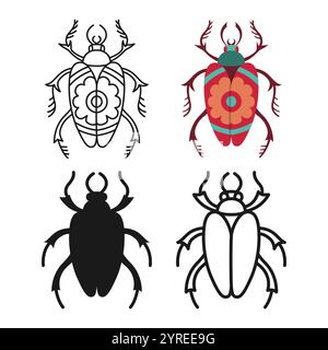 Icône de dessin animé de bug. Jeu de symboles linéaires de coléoptère. Collection stylisée d'emblèmes de cafards d'insectes d'art folklorique. Simple signe doodle ou silhouette florale insecte clipart. Illustration abstraite isolée vectorielle Illustration de Vecteur