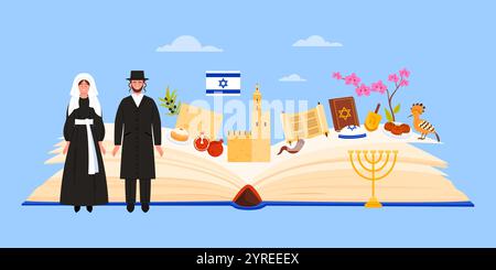 Les éléments de la culture juive, les symboles de la religion judaïsme et les fêtes d'Israël étudient dans le collage infographique. Livre de guide ouvert et peuple israélien en robe traditionnelle, repères illustration vectorielle de dessin animé Illustration de Vecteur