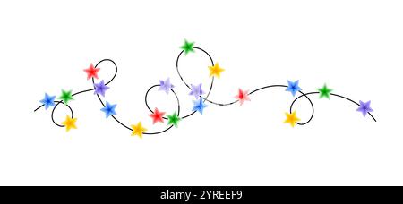 Guirlande de cordes bouclées de lumières multicolores colorées de Noël, illustration vectorielle dessinée à la main de doodle, image saisonnière de dessin animé plat pour les vacances d'hiver du nouvel an, conception d'événements d'anniversaire Illustration de Vecteur