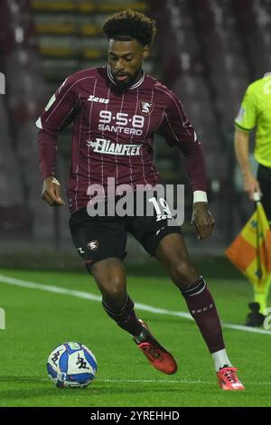 Salerne, Italie. 02 décembre 2024. Jeff Reine Adelaide de l'US Salernitana 1919en action lors de la Serie B BKT entre l'US Salernitana 1919 vs Carrarese Calcio au stade Arechi le 1er décembre 2024 à Salerne, Italie. (Photo par Agostino Gemito/Pacific Press/Sipa USA) crédit : Sipa USA/Alamy Live News Banque D'Images