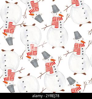 Motif de Noël aquarelle mignon avec bonhommes de neige Banque D'Images