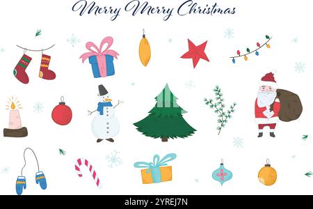 Ensemble mignon d'éléments de Noël colorés doodle Illustration de Vecteur