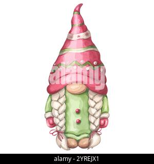 Jolie fille gnome de Noël avec pigtailed, chapeau rouge et robe verte. Un personnage scandinave magique pour la nouvelle année. Dessiner à la main l'aquarelle Banque D'Images